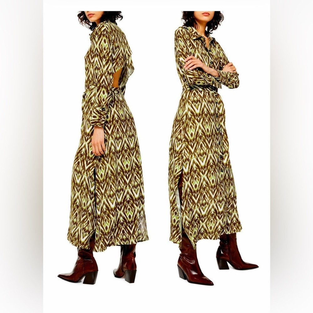 NWT! TOPSHOP Women's Green Open Back Shirt Dress In Zigzag Size US 10